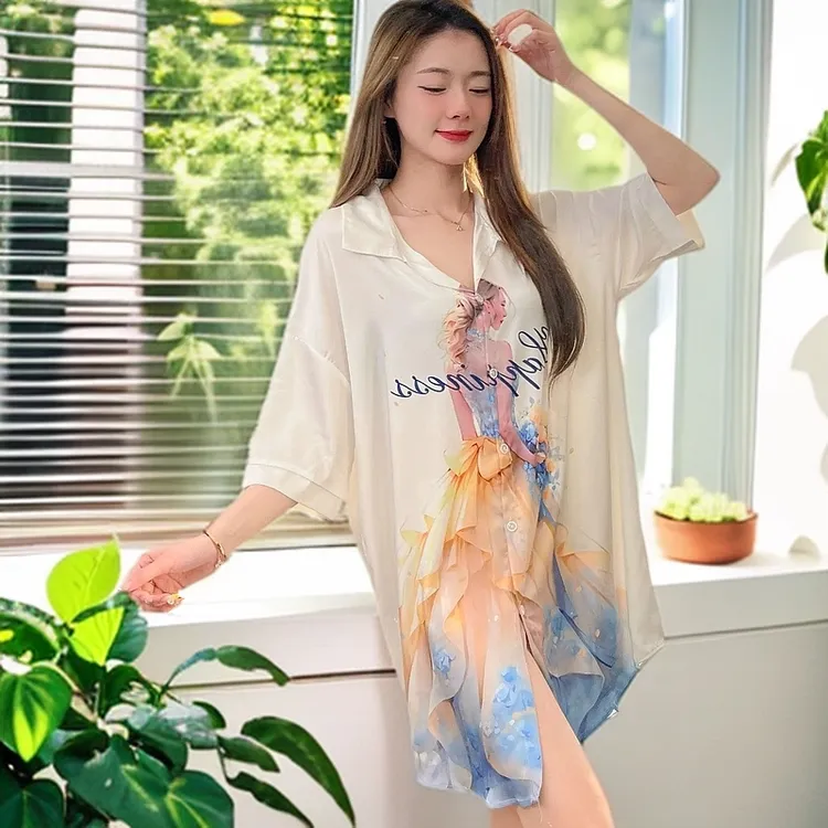 冰丝睡裙网红衬衫风睡衣女款爆款2025新款性感冰丝夏季宽松睡衣裙
