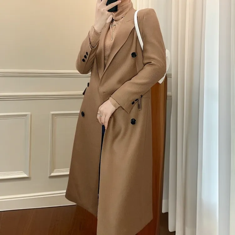 轻奢精纺羊毛毛呢外套双排扣卡其双面厚款长款气质常规外套
