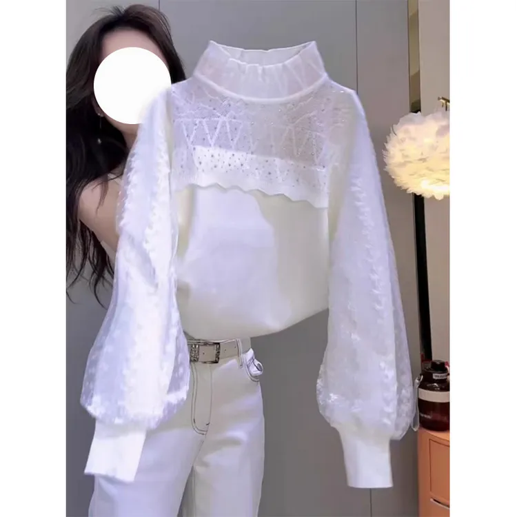 韩系高级感蕾丝拼接烫钻针织衫女秋冬新款设计感大码显瘦气质上衣