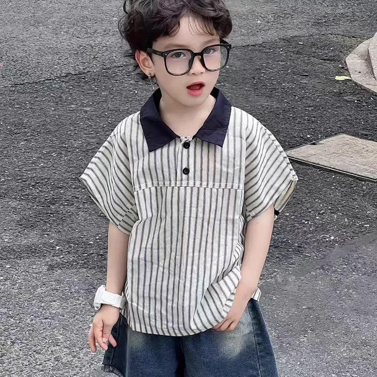 男童短袖衬衫韩版条纹半袖衬衣2025夏季新款儿童男孩薄款洋气上衣