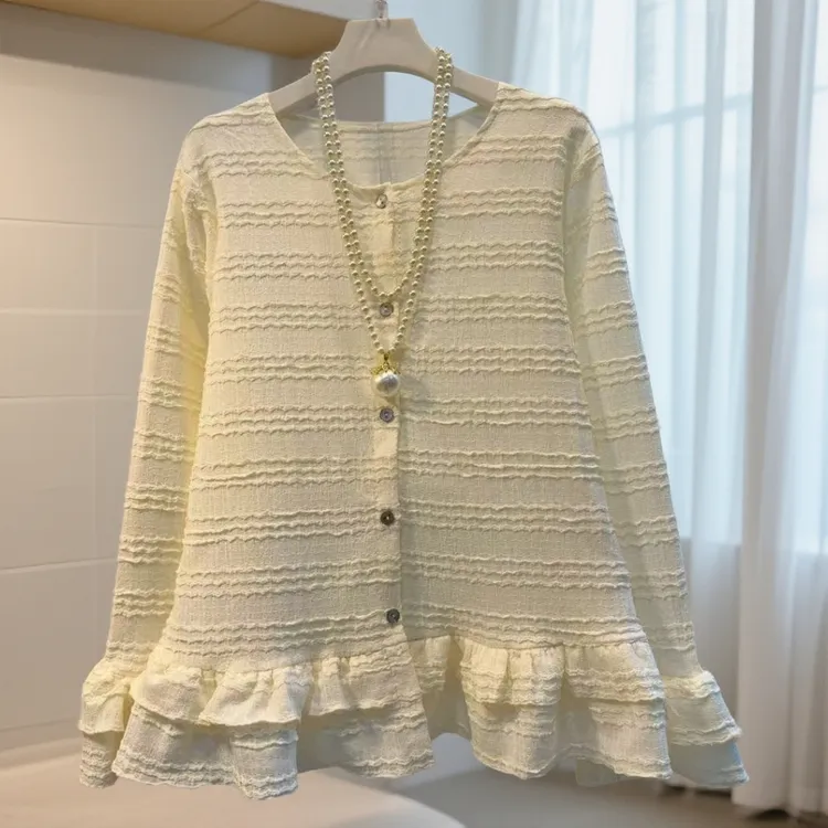 MS圆领木耳边设计感长袖上衣2新款百搭别致洋气小衫女