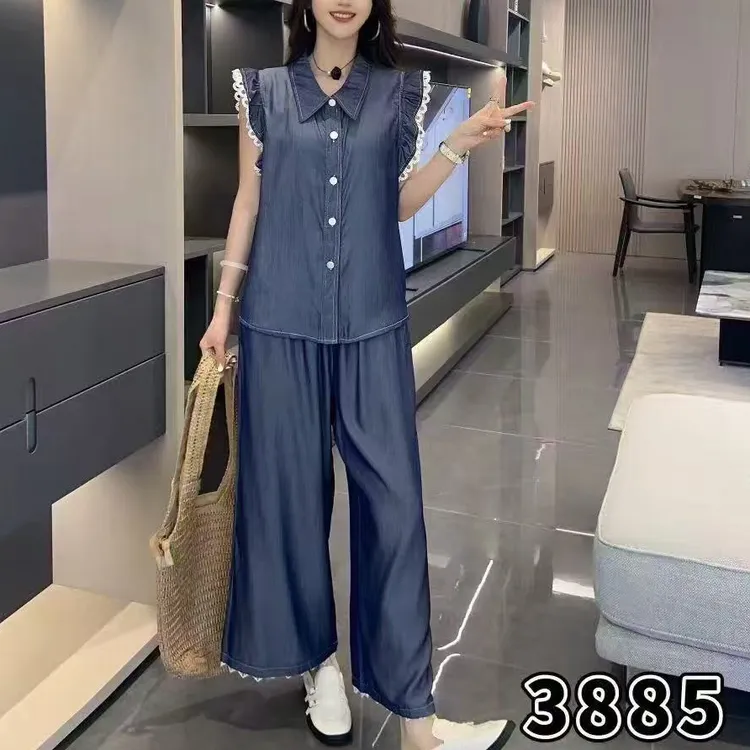 3885牛仔拼接蕾丝小飞袖套装（上衣+裤子）