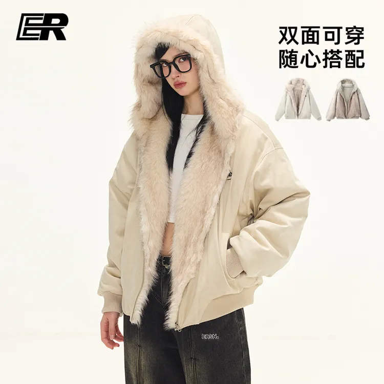 【明星同款】ER两面穿座山雕麂皮毛领连帽外套cleanfit美式情侣装