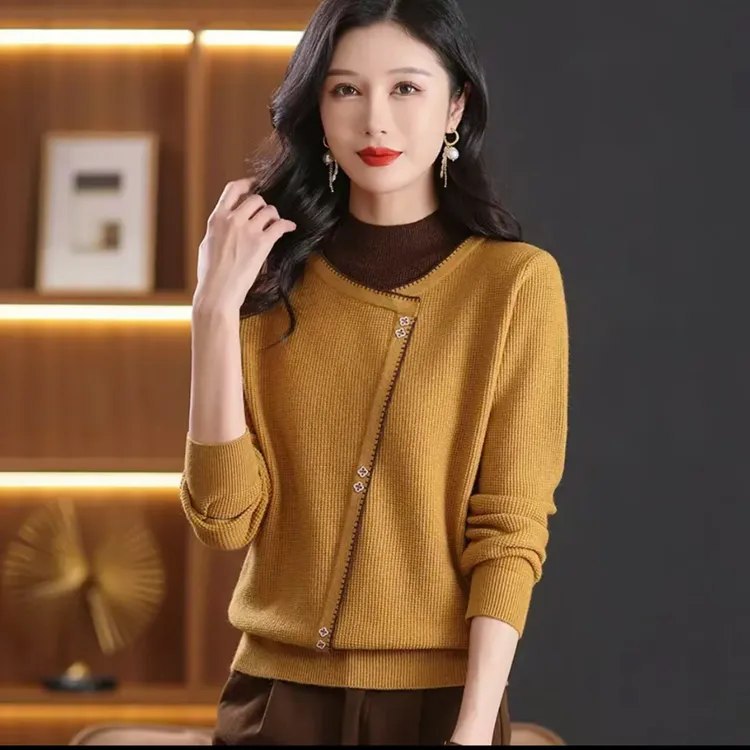 爆款秋冬洋气假两件半高领长袖高档短款毛衣打底宽松显瘦百搭上衣