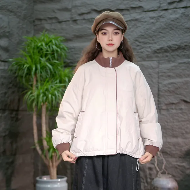 【针织立领加厚棉服】拼接假两件棉衣女大码宽松设计感保暖外套