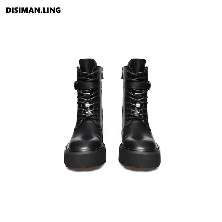 【迪丝嫚苓】羊皮黑色绑带马丁靴时尚百搭气质原创设计小众优雅女靴