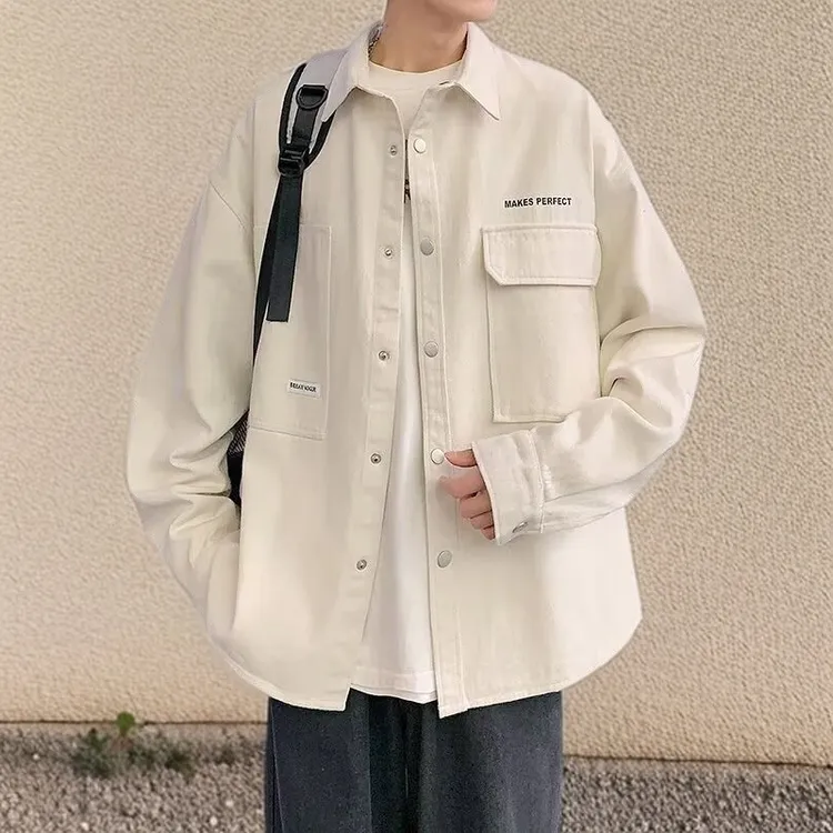春秋纯棉男士大码工装长袖衬衫帅气百搭休闲港风上衣