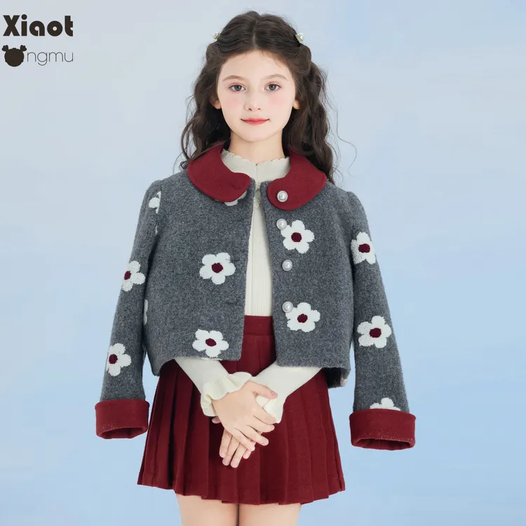 小童木 俏皮刺绣年服女童套装冬季2025新款女大童毛呢外套半身裙