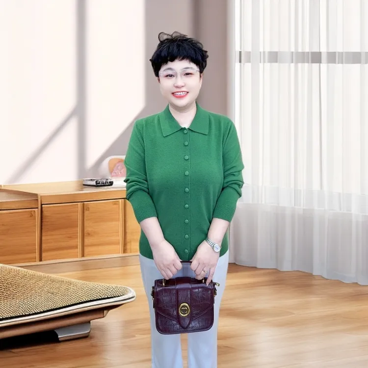 【精致手工包扣】加厚保暖100%羊毛开衫（25317）中老年翻领妈妈装