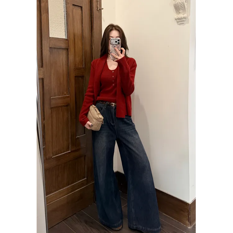 YPP！【超模蓝牛】秋冬新款加绒复古水洗显瘦休闲阔腿牛仔裤