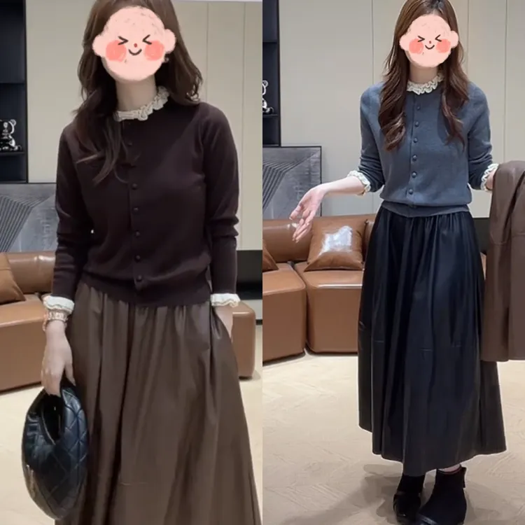 今年流行爆款女套装2025早秋新款木耳花边针织开衫半裙皮裙两件套