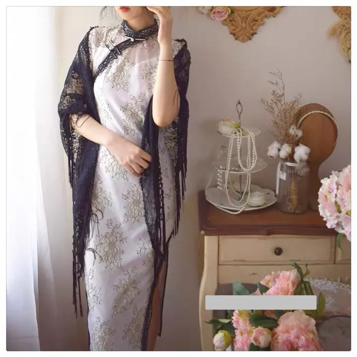 蕾丝流苏披肩搭配旗袍复古中国风性感气质显瘦三角披风春夏优雅