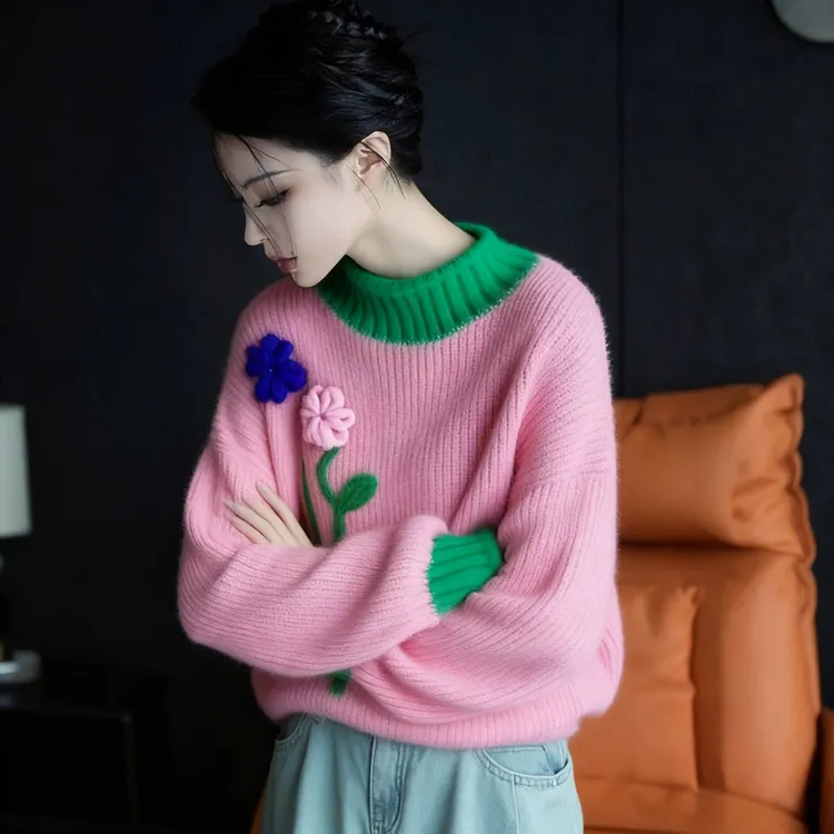 今年流行漂亮多巴胺洋气减龄毛衣慵懒风高级感粉绿拼色针织衫女冬