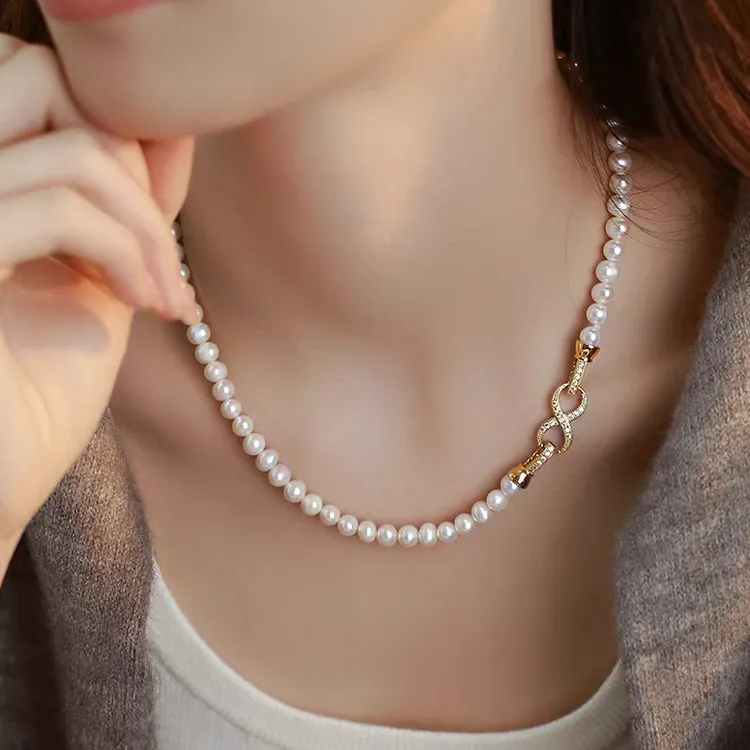 经典8字扣6mm近圆天然淡水珍珠项链女气质高级感百搭时尚锁骨链