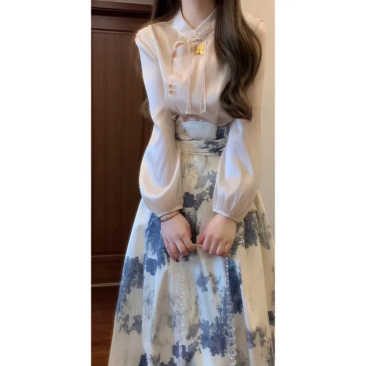 2025秋季新中式立领盘扣长袖衬衫&印花马面裙国风汉元素套装9010