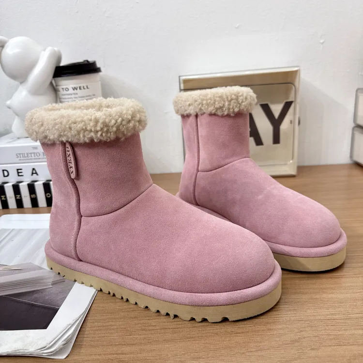 2025冬季新款磨砂真皮糖果色雪地靴女加绒保暖厚底羊羔毛勃肯棉靴