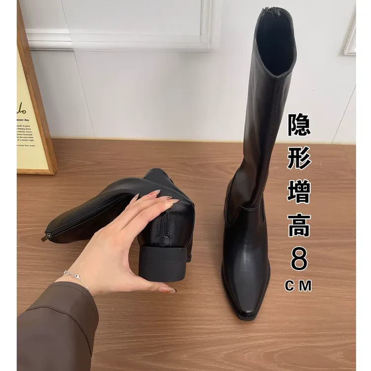牛皮版~法式尖头内增高8cm长靴女显瘦气质高筒靴极简风粗跟骑士靴