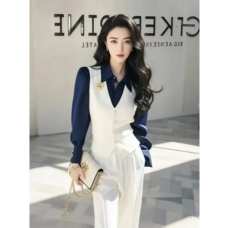 早春一整套小个子高级感御姐气质假两件衬衫裤子职业两件套装