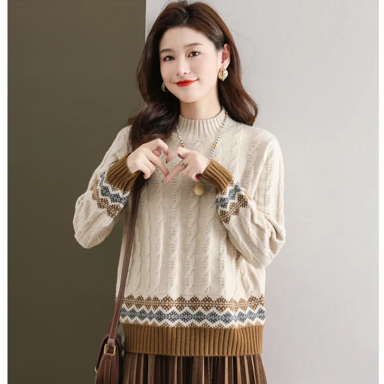 100%羊绒衫女士秋冬季加厚款打底衫复古提花毛衣柔软百搭针织衫