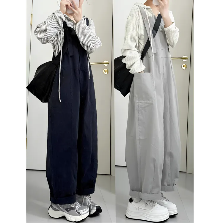 灰色工装背带裤套装女2025夏季新款美式复古慵懒风休闲阔腿连体裤