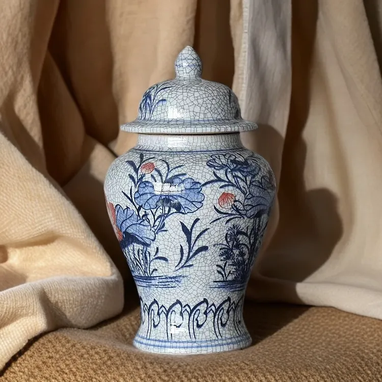 汉迎景德镇陶瓷器手绘青花瓷将军罐储物罐摆件中式家居饰品送底座