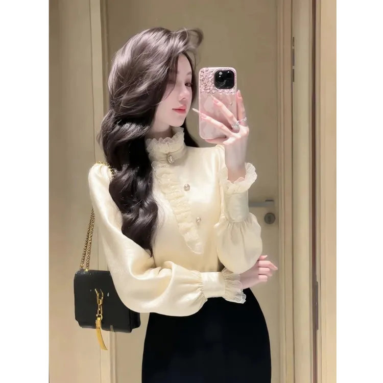 法式木耳边泡泡袖显廋衬衫女高级感轻奢减龄洋气收腰内搭打底上衣