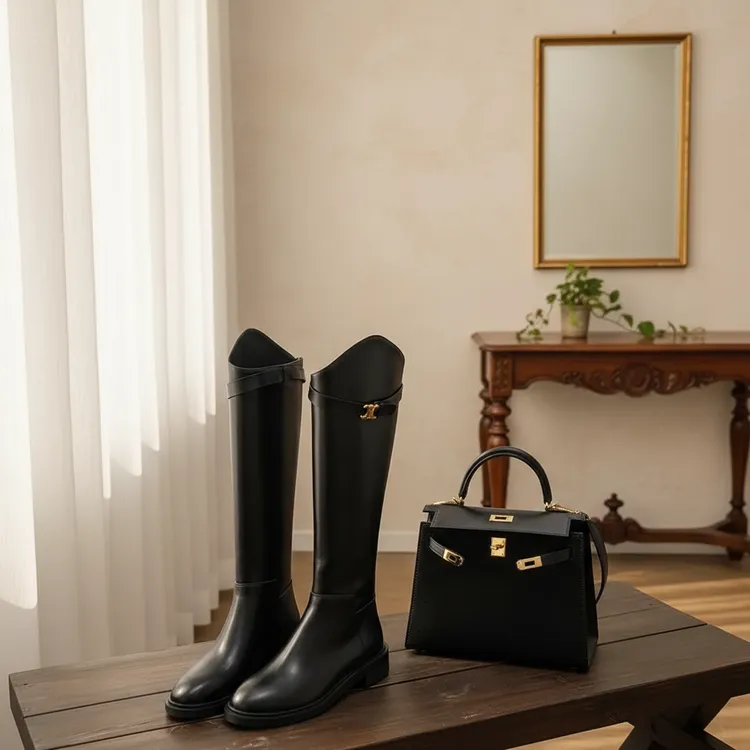 DN秋冬加绒时尚百搭新款粗跟长筒靴显瘦优雅斜口扣带高筒骑士靴女