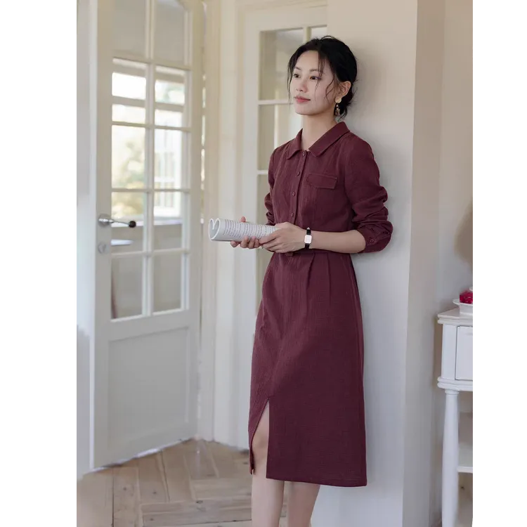 红念红色棉麻连衣裙女长袖高级感2025年秋季新款女装气质优雅裙子