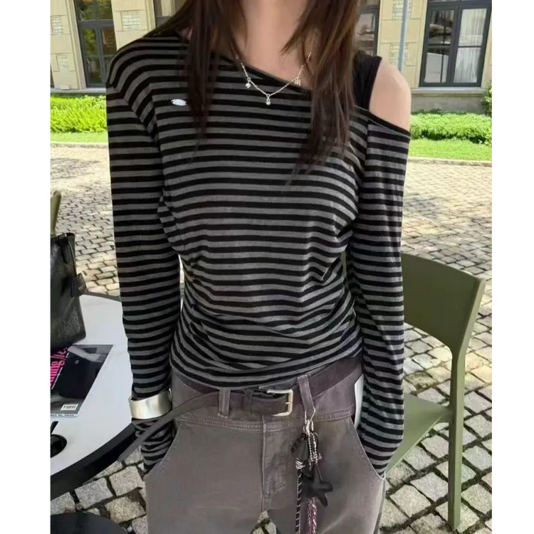 【香吉家】斜领长袖T恤休闲宽松型秋季耐磨条纹露肩上衣长袖打底衫