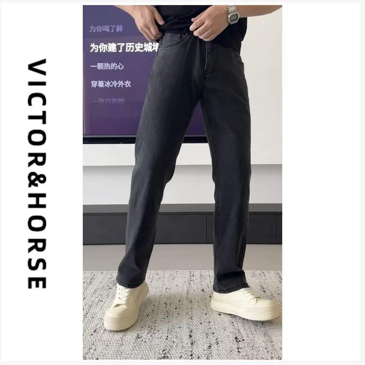 【黑标重工】秋冬牛仔裤石洗深灰四面弹力男士百搭小直筒牛仔裤6018