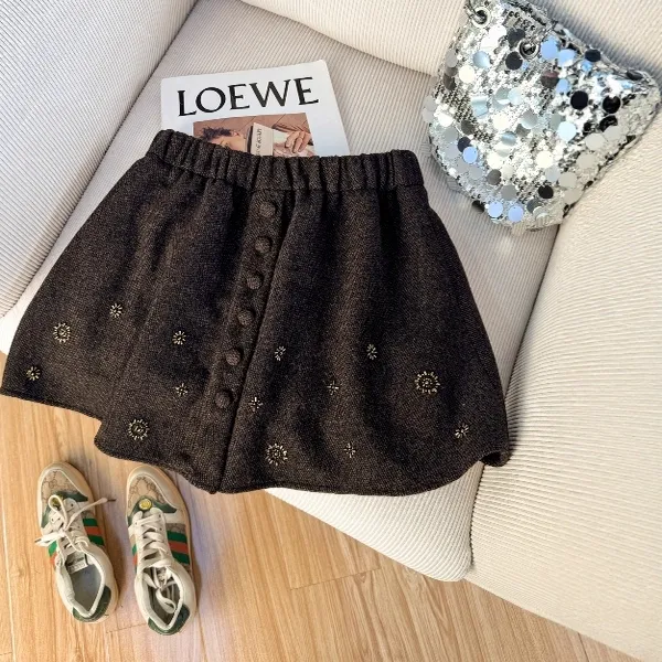 法式复古毛呢半身裙女秋冬小个子松紧腰显瘦气质绣花咖色A字短裙