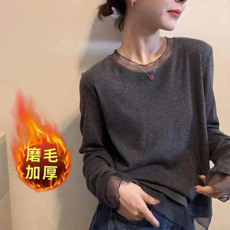 气质秋冬加绒百搭圆领韩版拼纱打底T恤纯色长袖春秋时尚显瘦上衣