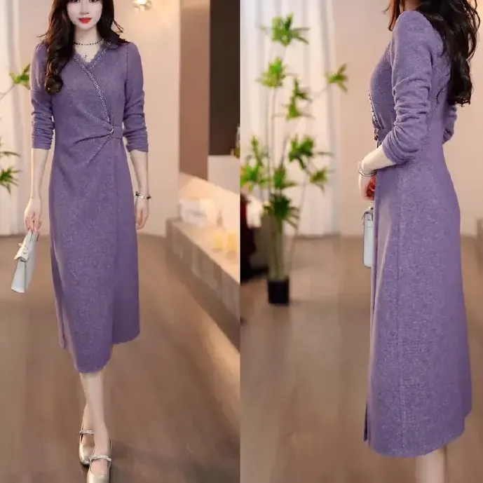 2025秋季新款烟紫色领腰部扣带优雅大气收腰显瘦连衣裙M-4XL