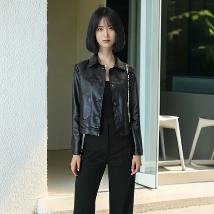 【新疆包邮】薄款排扣韩版女士皮衣外套MY