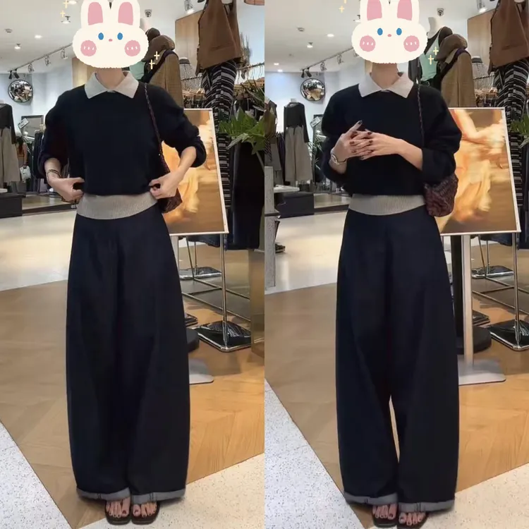 2025新款秋冬慵懒感撞色减龄POLO领背心两件套毛衣+阔腿拖地裤