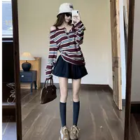 复古韩版时尚套装裙女夏季新款撞色条纹露肩长袖上衣半身裙两件套