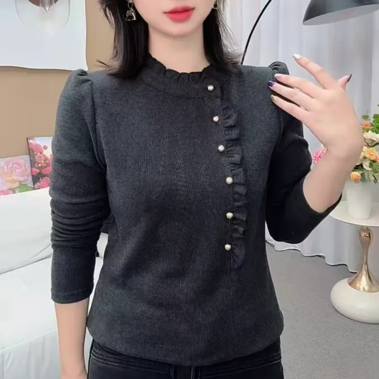 冬季新品女士上衣时尚洋气百搭气质减龄木耳边长袖衬衫