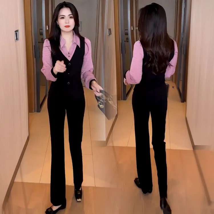 时尚套装女2025秋季新款洋气显瘦长袖假两件衬衫微喇裤气质两件套