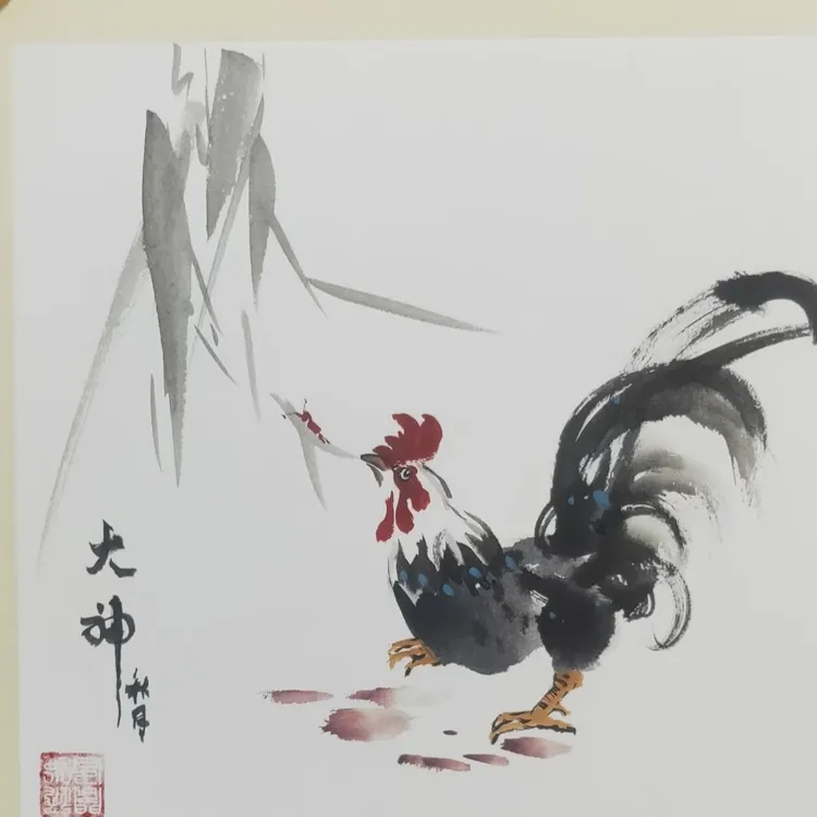 国画，大公鸡《大吉图》艺术佳作日本