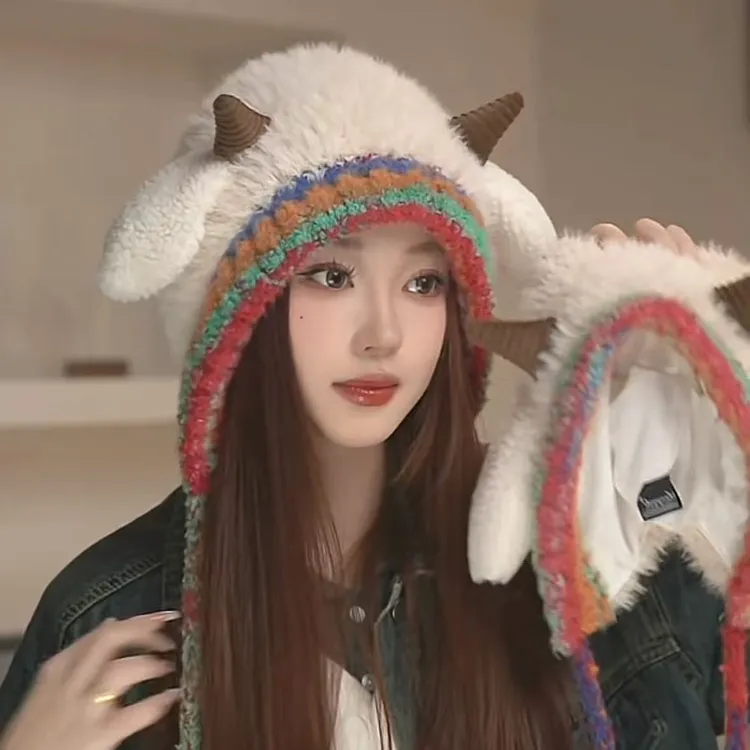 小羊双层小羊超萌帽子可爱骑行亲子护耳毛绒包头保暖秋冬季加厚