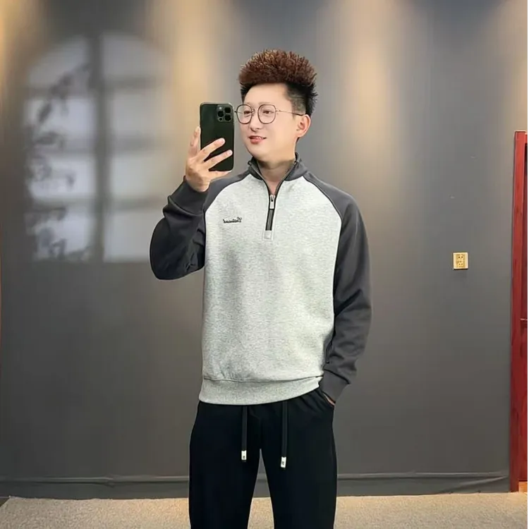 春秋季立领长袖刺绣套头卫衣拼接上衣休闲男装男士百搭时尚92803