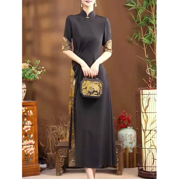 新中式时尚改良旗袍连衣裙女2025夏装新款文艺范修身显瘦高贵长裙