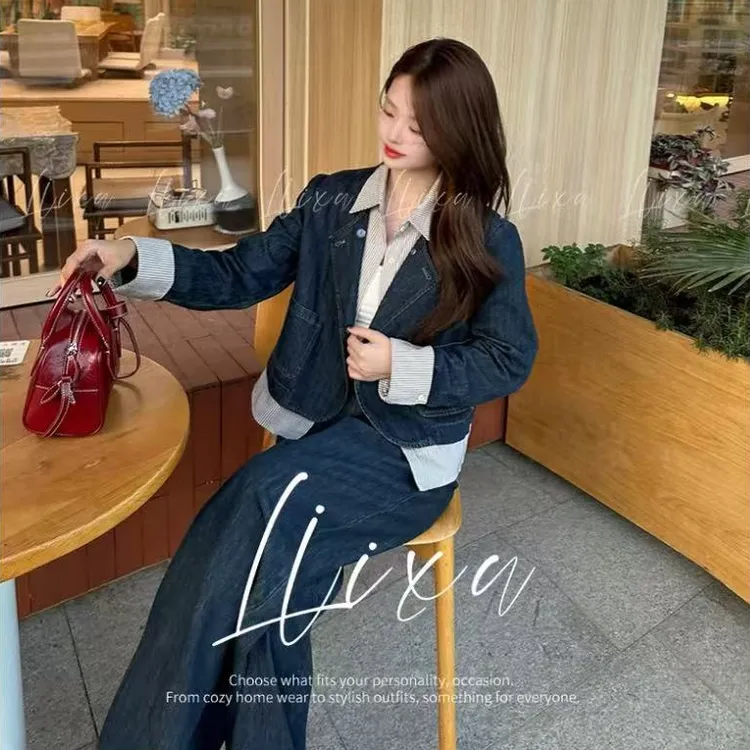 2025秋季新款休闲风牛仔套装女时尚复古牛仔假两件小众气质两件套