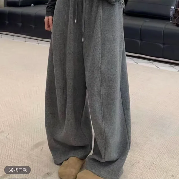 松紧腰抽绳弯刀呢子长裤拖地裤女2025冬季新款加绒毛呢韩版阔腿裤