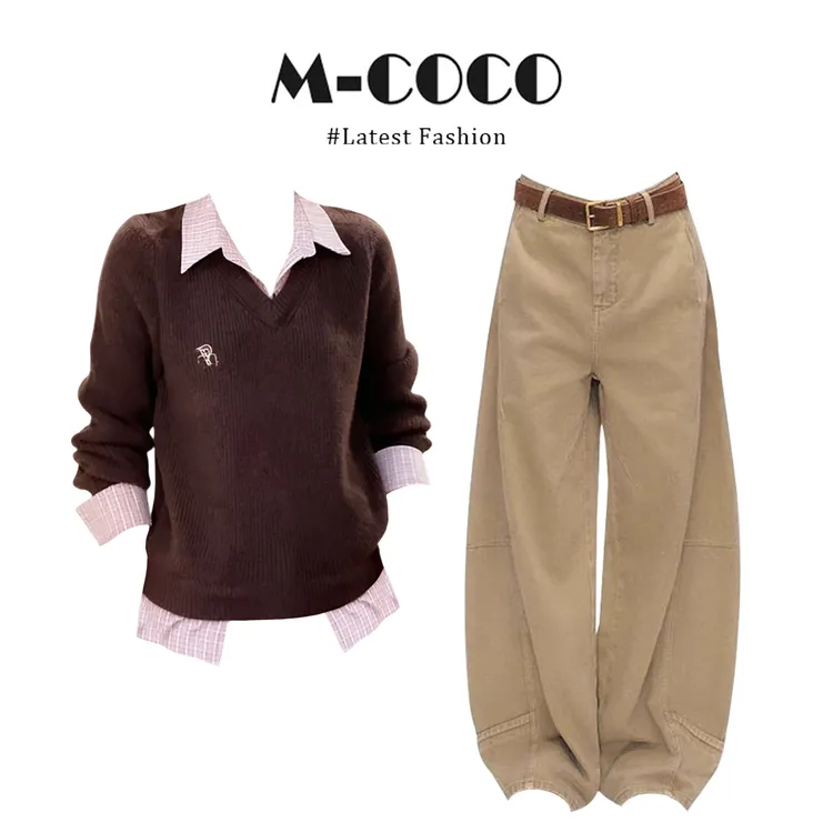 韩系时髦洋气假两件衬衫针织毛衣上衣工装牛仔裤两件套