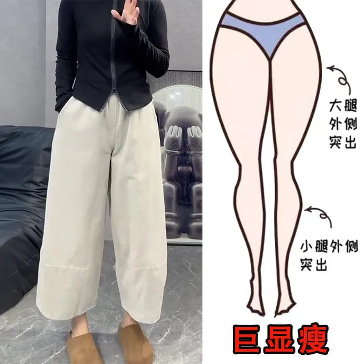 秋冬加绒大码女装遮肉显瘦阔腿休闲裤梨形身材显瘦九分灯芯绒裤子
