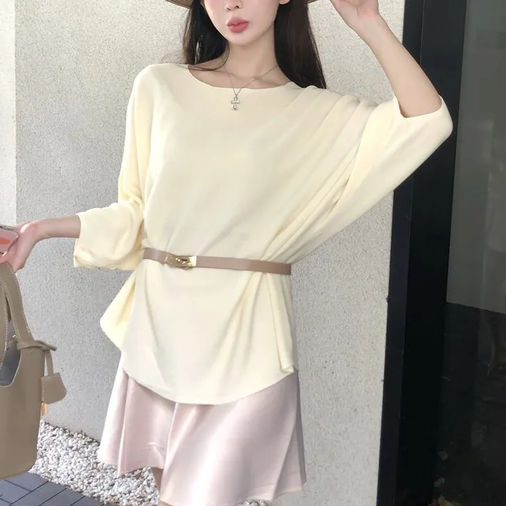 YIYI 夏季法式圆领冰丝针织衫女宽松上衣配腰带su