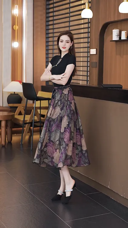 印花冰凉丝半身裙女高腰垂感A字裙夏季2025年新款中长款百褶伞裙