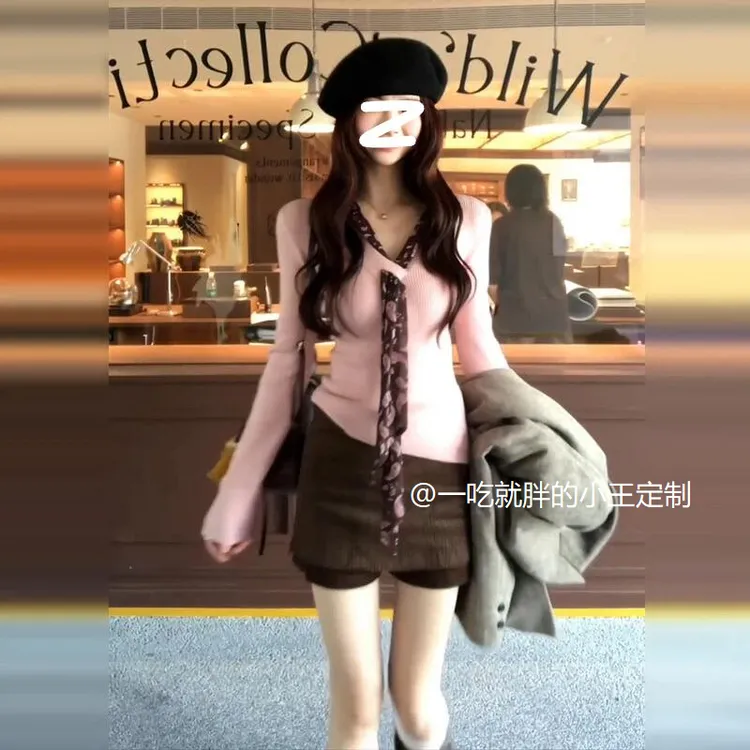 【小王家】大码胖mm微胖韩系v领针织毛衣秋冬修身内搭打底长袖上衣