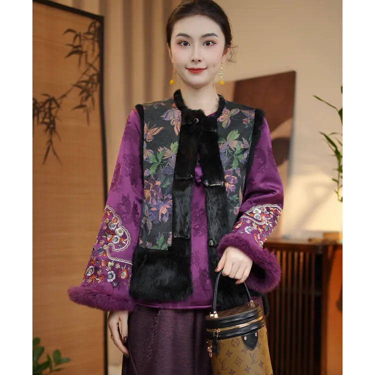 芳华秋冬新中式国风马甲立领提花拼接坎肩高级感外套